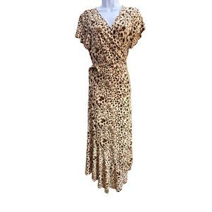 H by Halston Women's Leopard Print Wrap Dress Size Medium Asymmetrical Hem Cream